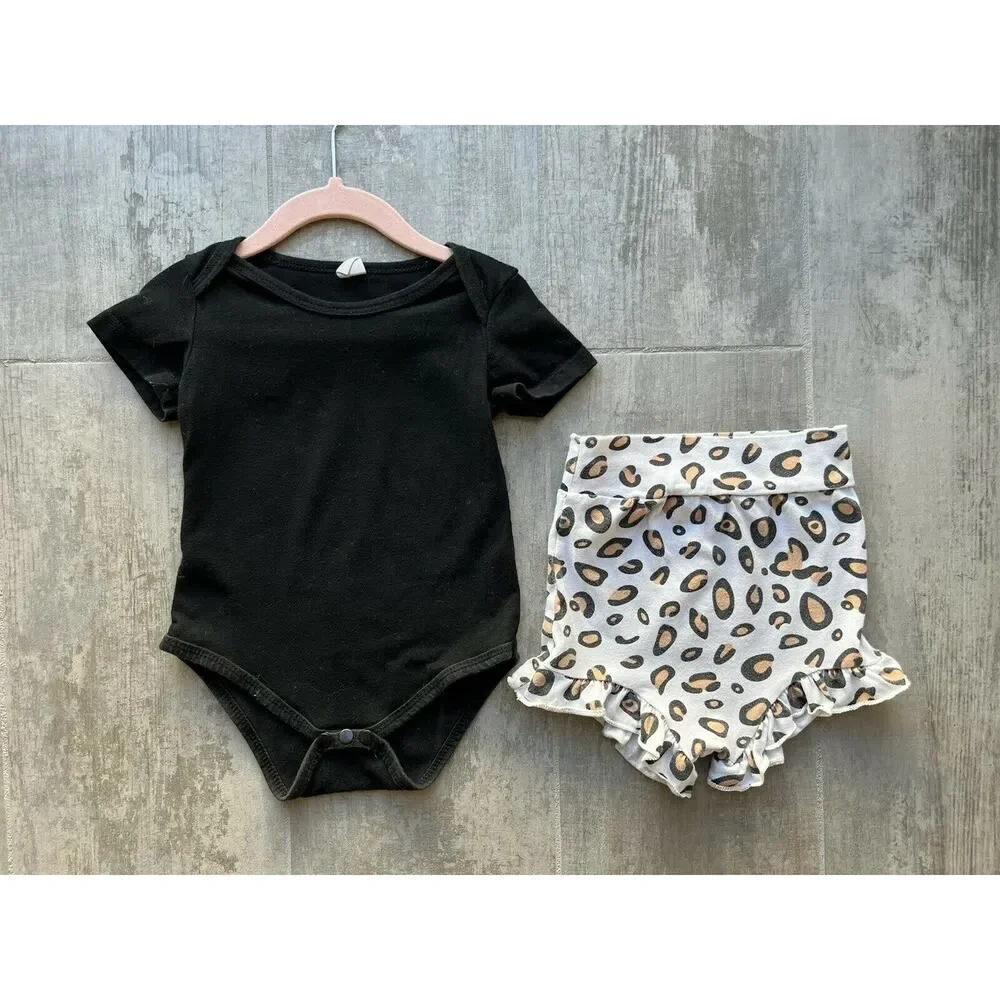 Los Angeles Boutique Black Bodysuit & Cotton Leopard Shorts Set Outfit Cute 18M
